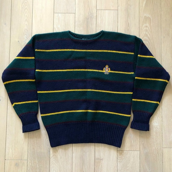 Vintage Polo Ralph Lauren Heavy Chunky Knit Striped Wool Sweater Royal Crest L - Picture 1 of 9